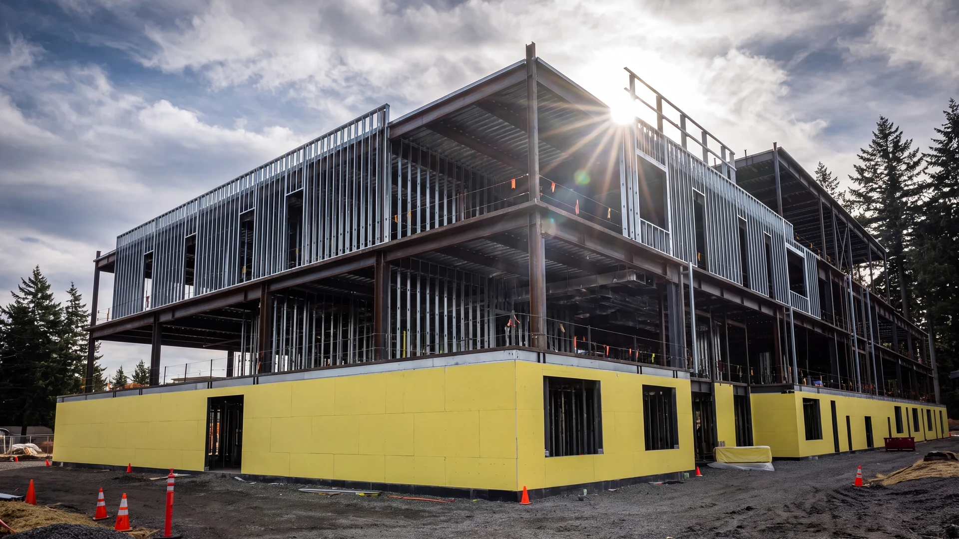 Steel framed commercial building under construction with exterior sheathing