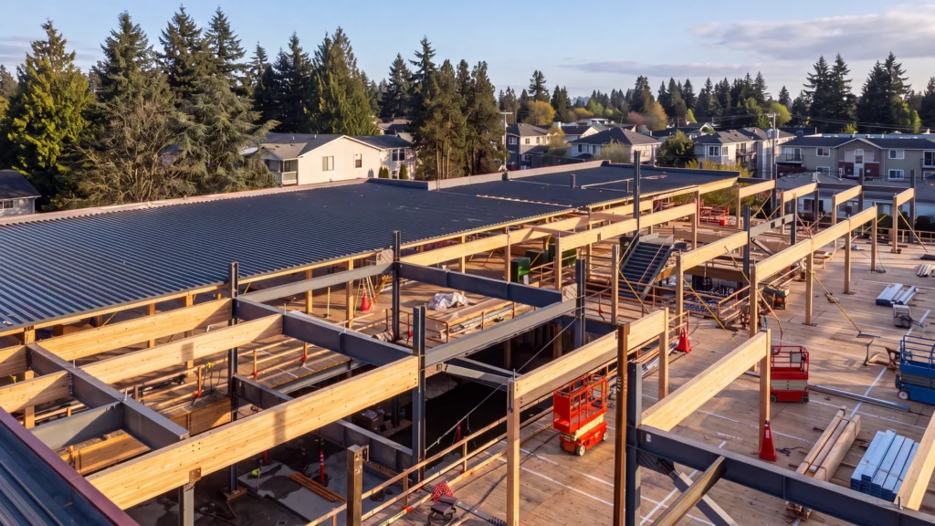 Aerial view of commercial mass timber and steel building under construction